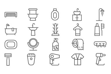 Vektör banyo simgeleri. Düzenlenebilir Vuruş. Duş, banyo, tuvalet, bide, ayna, su musluğu. Ve çamaşırhane. Kozmetik şampuan tarak kremi. Tuvalet kağıdı peçeteleri.