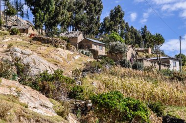 Isla del Sol Bolivya'daki Titikaka Gölü üzerinde Köyü
