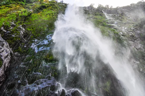 Poniżej wodospadu w Milford Sound, Nowa Zelandia — Zdjęcie stockowe