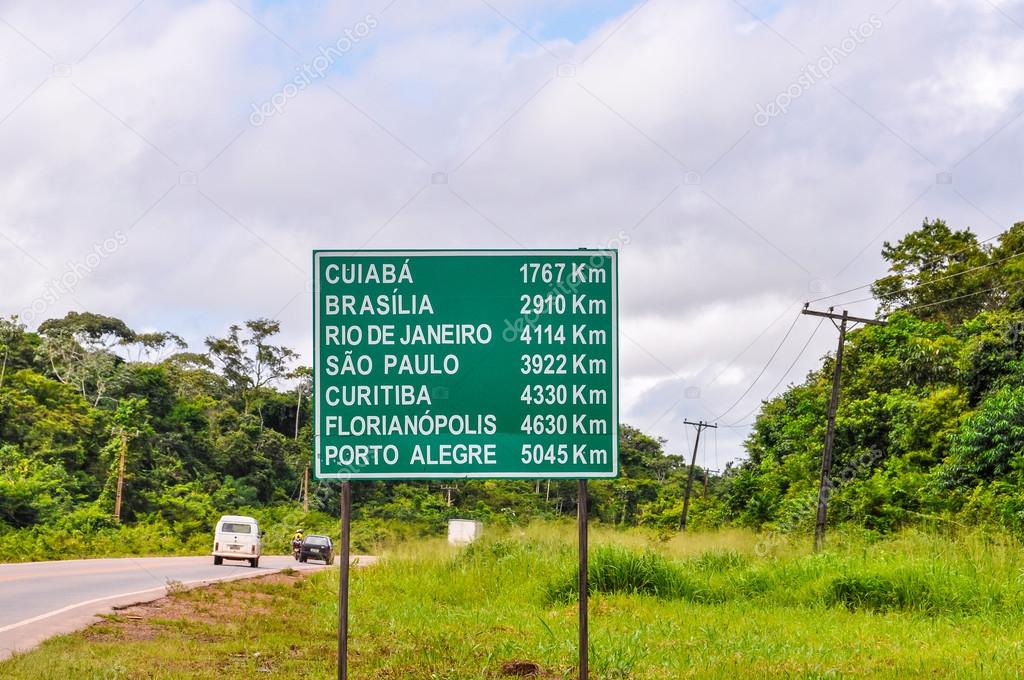 Road sign in the Amazon Rainforest, Brazil