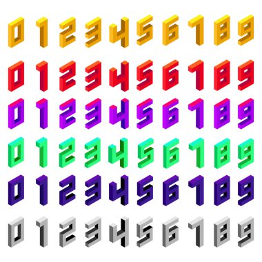 İzometrik tarzda çok renkli sayılar kümesi. Beyaz arka planda izole edilmiş. Sarı, kırmızı, mor, yeşil, mavi, gri
