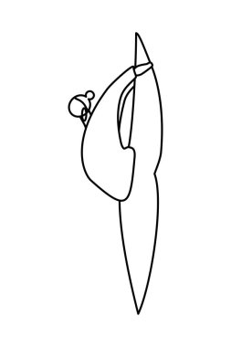 Büyük beden bir kadının çizgisel hatları, yoga yapıyor. Beyaz üzerine siyah çizgi. Denge kavramı, sağlıklı yaşam tarzı, spor, uyum. Simge illüstrasyonu