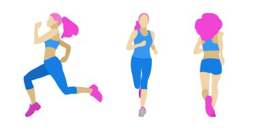 Üç güzel ince kız koşuyor. Farklı açılardan aynı tarzda. Beyaz arkaplanda izole