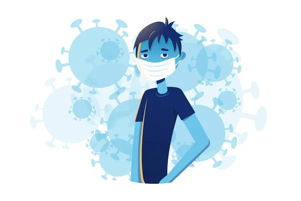 Jeune Homme Portant Masque Médical Sur Fond Virus Concept Protection — Image vectorielle