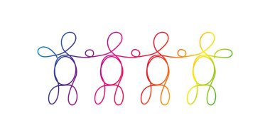 Çizgi sanat çeşitliliği, LGBTQ konsepti. Dört farklı insandan oluşan bir grup beyaz üzerine gökkuşağı rengi çizilmiş. Takım çalışması, arkadaşlık. Vektör illüstrasyonu