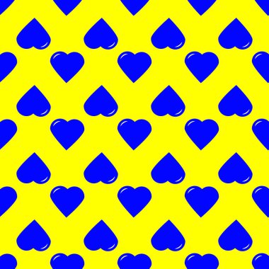 Sarı arka planda mavi kalplerin kusursuz deseni. Vektör illüstrasyonu