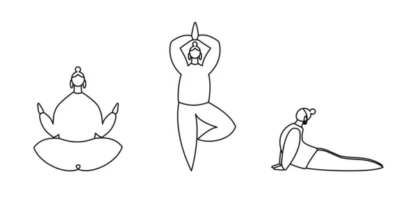 Набор Линейных Контуров Женщин Делают Yoga Делает Yoga Изолированным Белом — стоковый вектор