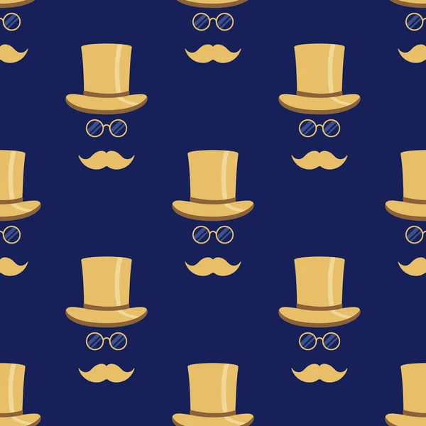 无缝隙图案 绅士风度翩翩 头戴高顶的帽子 戴着眼镜 留着胡子 时髦的深蓝色和金色 — 图库矢量图片