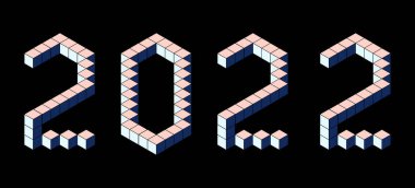 Takvim, Tatil ilanları ya da baskılar için yeni yıl 2022 Tasarımı kutlu olsun. Piksel, 8 bit, izometrik stil. Vektör illüstrasyonu