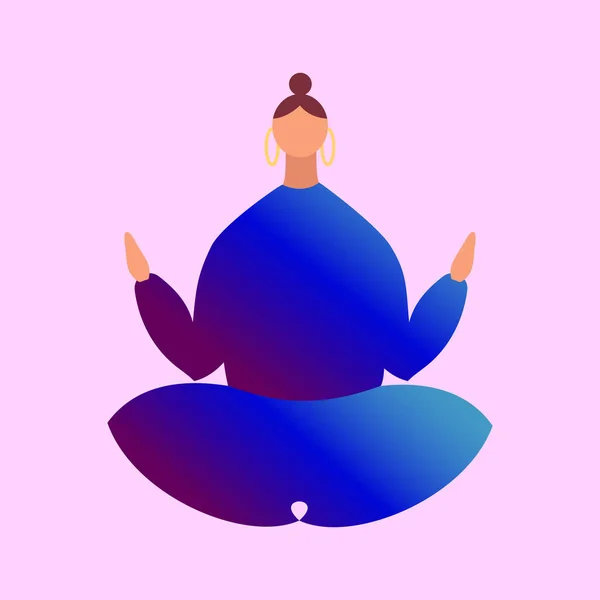 一个穿着蓝色衣服的女人坐在荷花的姿势上 卡通人物会做瑜伽 平衡的概念 健康的生活方式 说明1 — 图库照片