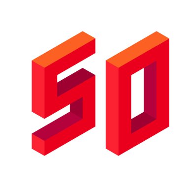 Kırmızı numara 50, izometrik tarzda. Beyaz arka planda izole edilmiş. Öğrenme numaraları, seri numarası, fiyat, yer. Vektör illüstrasyonu