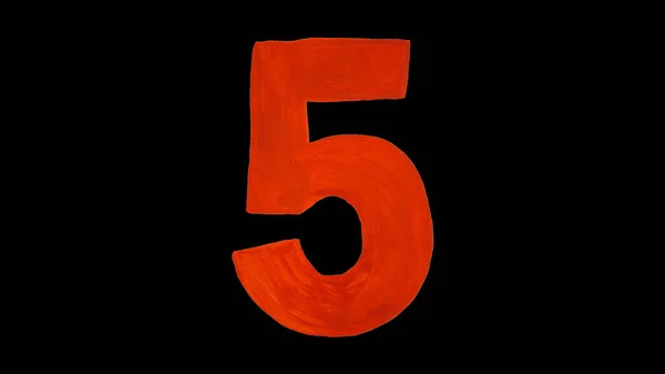 Rote Nummer fünf gezogene Gouache. Vereinzelt auf schwarzem Hintergrund. Figur von Hand mit Farbe gezeichnet — Stockfoto