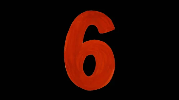 Red number six drawn gouache. Isolated on a black background. Figure hand drawn by paint — Stock Photo, Image