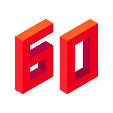 Kırmızı numara 60, izometrik tarzda. Beyaz arka planda izole edilmiş. Öğrenme numaraları, seri numarası, fiyat, yer. Vektör illüstrasyonu