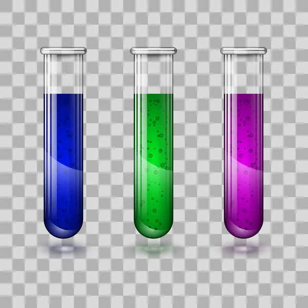 Satz Reagenzgläser Aus Klarem Glas Mit Flüssigkeit Und Blasen Vektorillustration — Stockvektor