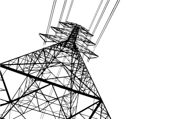 Torre Alto Voltaje Con Cables Ilustración Blanco Negro Con Espacio — Vector de stock