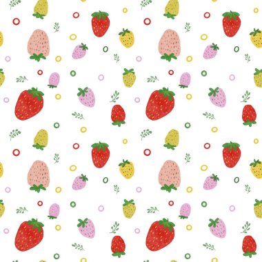 El çizimi soyut kırmızı, pembe ve sarı çilek arkaplan üzerinde dikişsiz desen.