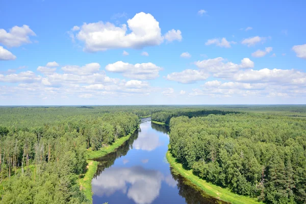 Krajina s řekou a modrou oblohou — Stock fotografie