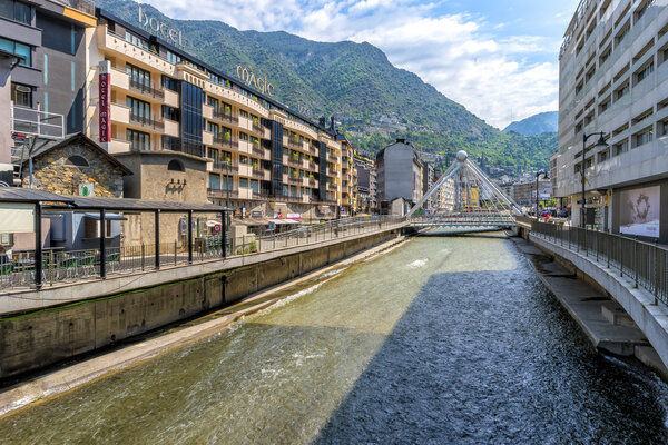 Bridge through Gran Valira river in Andorra la Vella, Andorra.