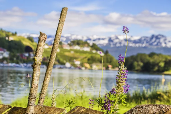 Valla antigua sobre un fondo de montañas y lago . — Foto de Stock