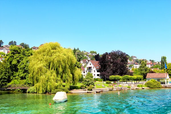 Hermosa vista de la orilla del lago Zurich en un día de verano . — Foto de Stock