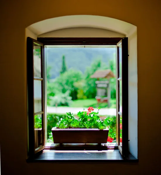 Vista finestra verso il giardino — Foto Stock