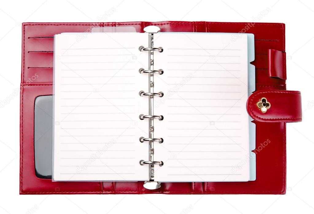 Open blank red leather planner