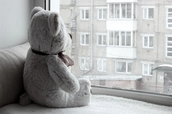 Urso de brinquedo senta-se no peitoril da janela e olhando pela janela Imagem De Stock