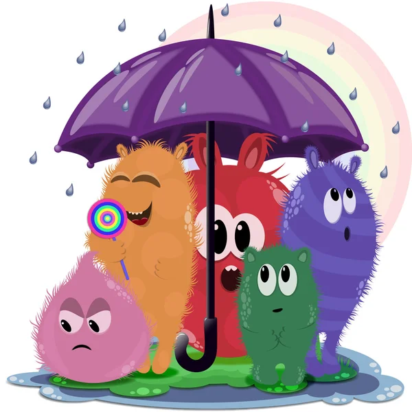 Une foule de monstres colorés drôles mignons sous parapluie — Image vectorielle
