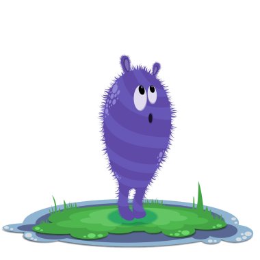 Mor meraklı canavar çimenlerin üzerinde yuvarlak komik