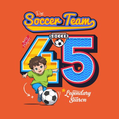Kırk Beş Numaralı Tasarımla Futbol Oynayan Neşeli El çizilmiş Çocuk.