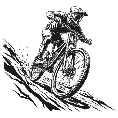 Dik Arazi Çiziminde Siyah ve Beyaz Taslak Dağ Bisiklet Sürücüsü.