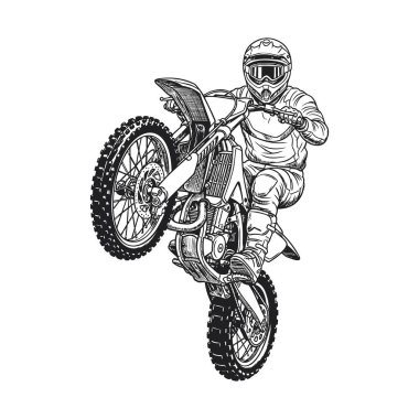 Detaylı El Çizimi Motokros Sürücüsü Tekerlekli Spor Çizimi.