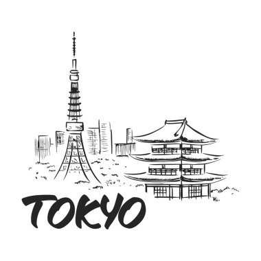 Siyah ve Beyaz El Tokyo Kulesi ve Tapınak Binası 'nı çizdi.