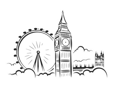 Basit Taslak Çizgi Sanatı Londra Skyline Tarihi Şehir Çizimi.