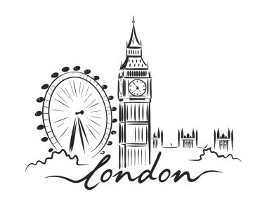 El çizimi Stili Londra Şehri Skyline Tarihi Eserler.