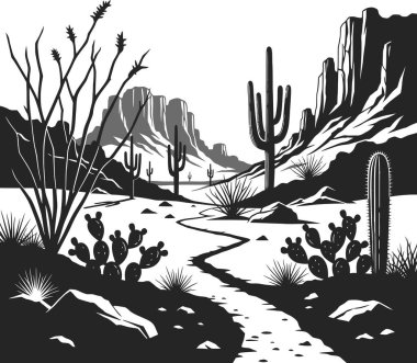 Siluet Detaylı Kaktüs ve Dağlarla Arizona Çöl Manzarası.