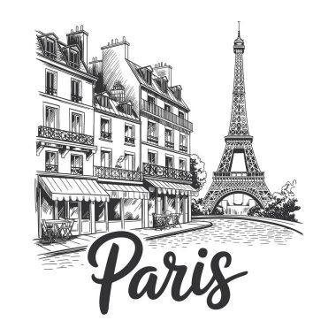 Hand drawn Parisian Street Scene with Eiffel Tower Building Landscape Illustration.