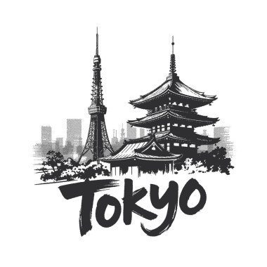 Artistic Hand drawn Tokyo Cityscape with Tower and Pagoda Landmark Illustration.