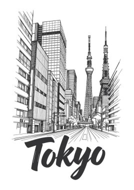 El çizimi Şehir Tokyo Şehir Manzarası Skyline Skeç Stili Çizimi.