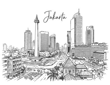 El çizimi Jakarta Şehir Resimleri Monas Anıtı Tarihi Sahnesi.
