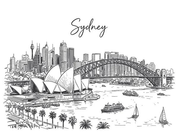 El Çizimi Sydney Şehir Manzarası Skyline Peyzaj Mimarisi Tarihi Çizim.