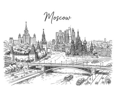 Ayrıntılı El Moskova Cityscape Nehir Görünümü Çizimi.