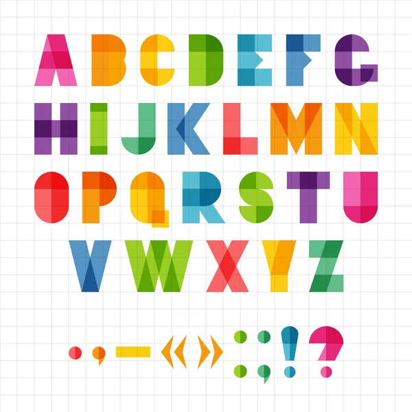 Färgstarka roliga geometriska alfabet med överlappning effekt, vektor illustration. — Stock vektor