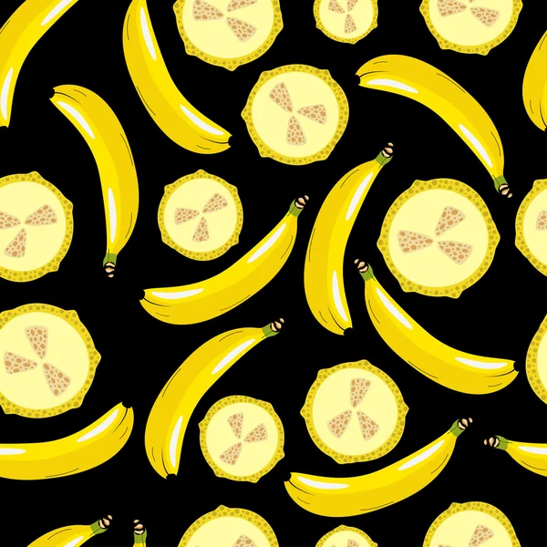 香蕉和香蕉片黑色背景上的模式 — 图库矢量图片