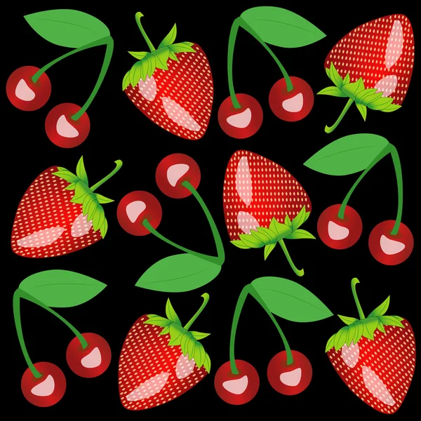 Cherry and strawberry on a black background — Stock Vector