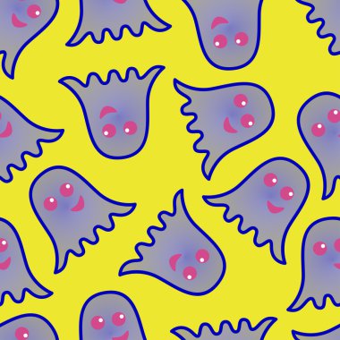 Sarı bir arka plan üzerinde mavi hayaletler seamless modeli