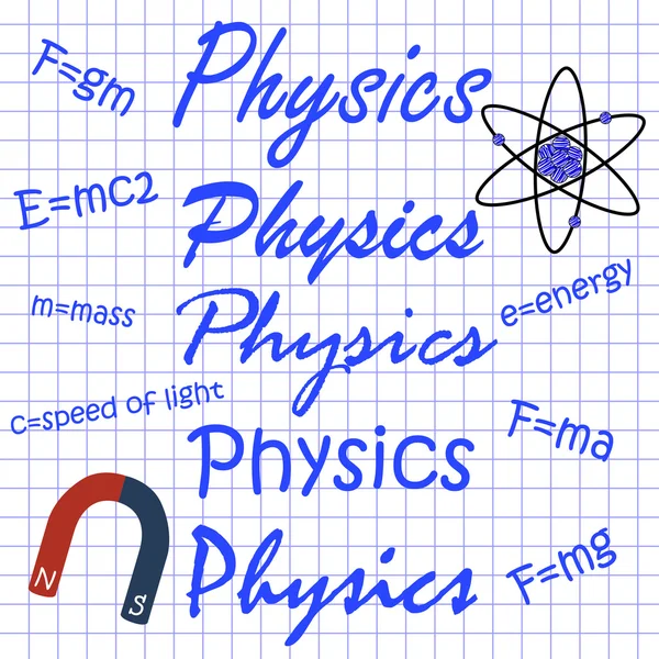 Fysik i olika handstilar, formeln på anteckningsboken blad — Stock vektor