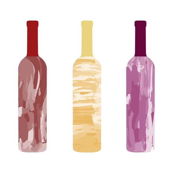 Tres botellas de vino. Vino tinto, vino blanco, vino rosa . — Vector de stock