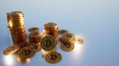 Golden Bitcoins Cryptocurrency, Gray Background clipart
